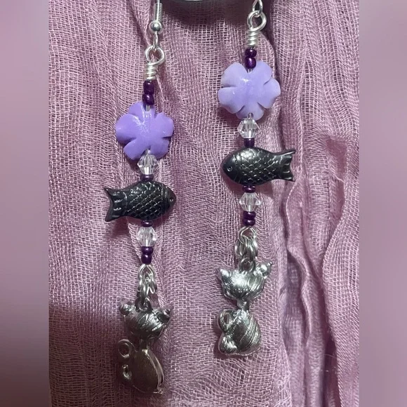 Purple Gem Cats Hand Crafted Earrings - Picture 6 of 8